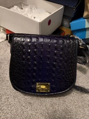 Green Inspired Croc-Embossed Purple Crossbody Bag with Gold Plaque